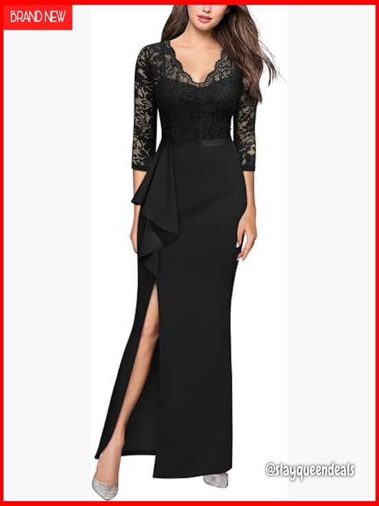 Dresses & Skirts - Vintage Floral Lace Ruffle Half Sleeve Evening Party Formal Long Dress